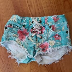 Billabong Floral Lace-Up Girls Cutoff Denim Shirts Sz 4 (worn ages 4-7)